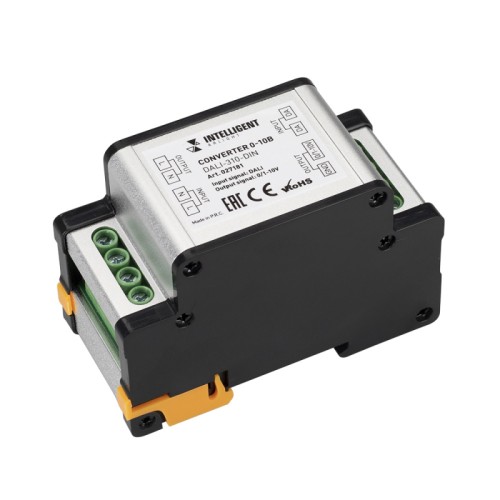 INTELLIGENT ARLIGHT Конвертер 0-10В DALI-310-DIN (AC 230V, DALI, 0-10) (IARL, -) Конвертер сигнала DALI в 0/1-10В. Встроенное реле 5А. Возможно переключение кривых диммрования. Предназначен для конвертации сигнала DALI в сигнал 0/1-10В. Занимает 1 адрес. Отличное решение для бюджетной реализации управления несколькими светильниками по одному адресу DALI. Питание от сети 230В.