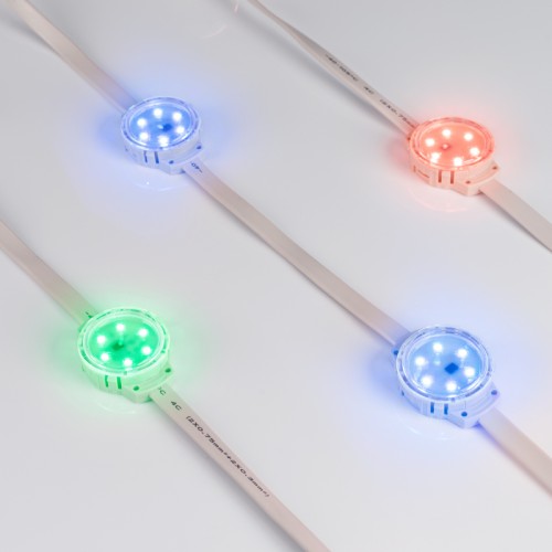 Модуль управляемый SOLEX-SPI-3535-6-24V RGB 120deg (D40x16mm, 1.5W, IP67) (Arlight, Пластик, 3 года) Управляемый светодиодный модуль SPI с держателем, RGB, микросхема ТМ 1914, напряжение 24 В, мощность 1.5 Вт, 6 светодиодов SMD 3535, угол 120°. Создание медиафасадов. Функция обхода битого пикселя. 20 шт на проводе, расстояние между центрами модулей 200 мм, длина провода между модулями 155 мм. IP67. Размер Ø39.5×16 мм. Гарантия 3 года.