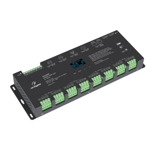 Декодер SMART-DMX-SUF (12-24V, 24x5A, XLR3, RJ45) (Arlight, IP20 Металл, 5 лет) Декодер DMX512 для трансляции DMX512 сигнала ШИМ(PWM) устройствам. Питание 12-24VDC. 24 канала, ток нагрузки 24x5A, ток нагрузки 24x5A, мощность нагрузки 1440-2880W. Входной сигнал DMX512, выходной сигнал ШИМ(PWM). Изменяемая частота ШИМ от 250Гц до 8000Гц. Возможность работы в режиме "Master". Цифровой порт XLR3 и XLR5, разъемы RJ45, терминальные клеммы. Цифровой дисплей на корпусе, адрес устанавливается с помощью кнопок. OLED дисплей. Размер 324x116x38.5 мм.