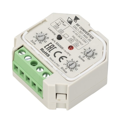 INTELLIGENT ARLIGHT Конвертер RF-сигнала DALI-307-MIX-IN (DALI-BUS, RF, PUSH) (IARL, Пластик) Конвертер радиосигнала для шины DALI. Предназначен для использования с MIX-пультами и радиопанелями серии SR-1009*. Питание по шине DALI. Возможна привязка к определенной зоне многозонного пульта/панели. Размер 45.5x45x20.3 мм.