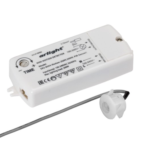Датчик SR2-Motion (220V, 500W, PIR-Sensor) (Arlight, -) Бесконтактный ИК-выключатель ламп и освещения 220 В. Реагирует на движение, расстояние до 5 м, обнаружение движение — «вкл», покой — «выкл». Макс. мощность 500 Вт, AC 100-240 В. Габаритные размеры: блок 90×40×18 мм, датчик 20×14 мм, посадочное отверстие 22х15 мм, кабель 2 м.