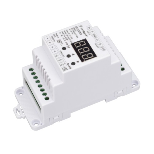 Декодер SMART-K23-DMX512-DIN (12-24V, 3x6A) (Arlight, IP20 Пластик, 5 лет) Декодер DMX512 для трансляции DMX512 сигнала ШИМ(PWM) устройствам. Питание 12-24VDC. 3 канала, ток нагрузки 3x6A, мощность нагрузки 216-432W. Входной сигнал DMX512, выходной сигнал ШИМ(PWM). Цифровой дисплей на корпусе, адрес устанавливается с помощью кнопок. Размер 115х48х67 мм. Корпус PVC. Для использования на DIN-рейке.