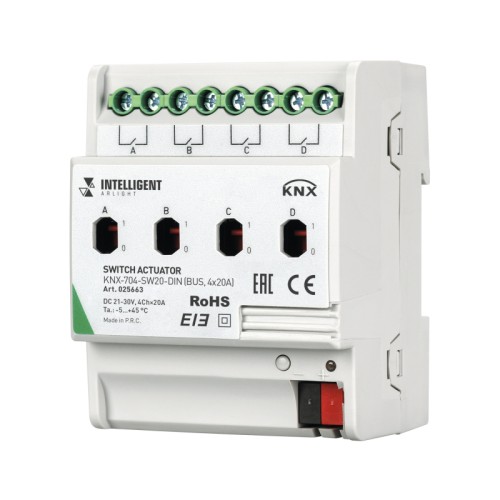 INTELLIGENT ARLIGHT Релейный модуль KNX-704-SW20-DIN (BUS, 4x20A) (Arlight, -) Релейный модуль 4-х канальный для KNX систем. Установка на DIN рейку. Возможность ручного управления. Напряжение питания DC 21-30V от шины данных. Максимальный коммутируемый ток - 20А/канал. Для коммутации электирических нагрузок в сетях с номинальным напряжением до 230В