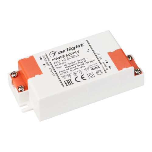 Блок питания ARJ-KE34350A (12W, 350mA, PFC) (Arlight, IP20 Пластик, 5 лет) Источник тока с гальванической развязкой для светильников и мощных светодиодов. Входное напряжение 220-240 VAC. Выходные параметры: 25-34 В, 350 mА, 12 Вт. Встроенный PFC >0.92. Негерметичный пластиковый корпус IP 20. Габаритные размеры длина 88 мм, ширина 41 мм, высота 23 мм. Гарантийный срок 5 лет.