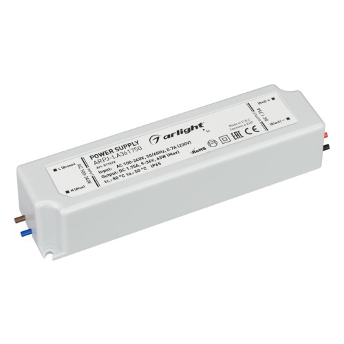 Блок питания ARPJ-LA361750 (63W, 1750mA) (Arlight, IP65 Пластик, 2 года) Источник тока с гальванической развязкой для светильников и мощных светодиодов. Входное напряжение 100-240 VAC. Выходные параметры: 9-36 В, 1750 mА, 63 Вт. Встроенный PFC >0.95. Герметичный пластиковый корпус IP 65. Рабочая температура -20…+50C⁰. Габаритные размеры длина 162 мм, ширина 42 мм, высота 34 мм. Гарантийный срок 5 лет.