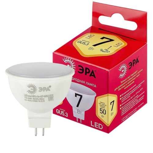 Лампа светодиодная ЭРА GU5.3 7W 2700K матовая LED MR16-7W-827-GU5.3 R Б0050231 