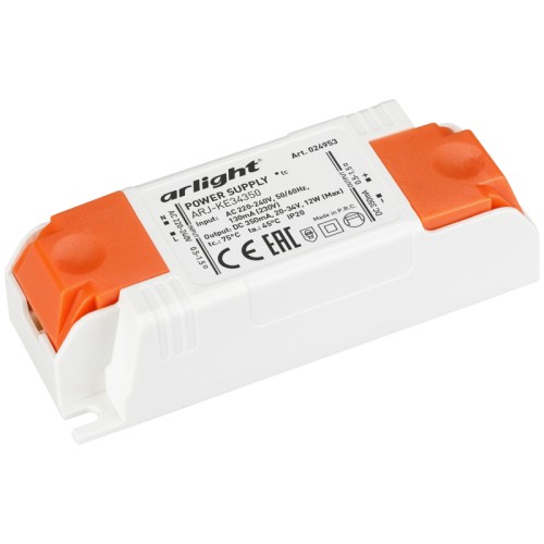 Блок питания ARJ-KE34350 (12W, 350mA) (Arlight, IP20 Пластик, 5 лет) Источник тока с гальванической развязкой для светильников и мощных светодиодов. Входное напряжение 220-240 VAC. Выходные параметры: 20-34 В, 350 mА, 12 Вт. Встроенный PFC >0.5. Негерметичный пластиковый корпус IP 20. Габаритные размеры длина 86 мм, ширина 32 мм, высота 23 мм. Гарантийный срок 5 лет.