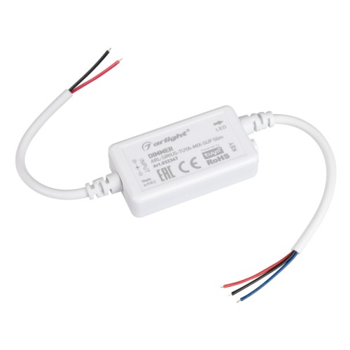 Диммер ARL-SIRIUS-TUYA-MIX-SUF Slim (12-24V, 2x3A, 2.4G) (Arlight, IP20 Пластик, 3 года) Контроллер двухканальный для MIX светодиодных лент. Питание/рабочее напряжение 12-24VDC, максимальный ток 3A на канал, 2 канала, максимальная мощность 72-144W. Частота ШИМ 1.95kГц, Wi-Fi 2.4G. Разъемы для подключения блока питания и ленты. Корпус - PVC. Габариты 48х26х13 мм. Cовместим с платформой TUYA, поддерживается управление ЯНДЕКС АЛИСА. Список совместимых пультов в разделе "Совместимые".