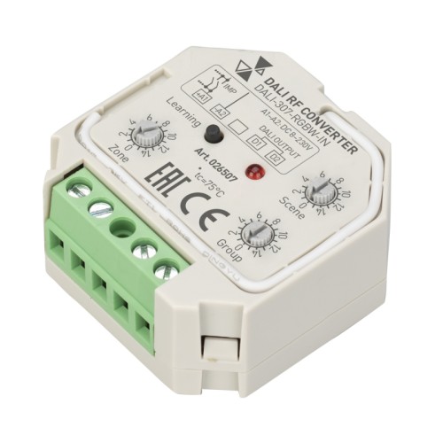 INTELLIGENT ARLIGHT Конвертер RF-сигнала DALI-307-RGBW-IN (DALI-BUS, RF, PUSH) (IARL, -) Мультизональный RGBW-конвертер радиосигнала для шины DALI. Предназначен для использования с RGBW-пультами серии SR-1009*. Питание по шине DALI. Количество зон управления определяется используемым ПДУ. Размер 45.5x45x20.3 мм.
