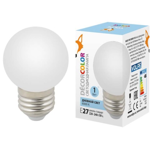 Лампа декоративная светодиодная Volpe E27 1W 6000K матовая LED-G45-1W/6000K/E27/FR/С UL-00005806 
