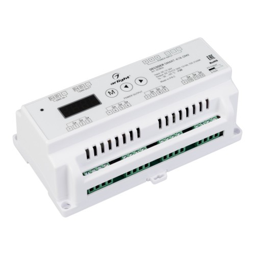 Декодер SMART-K18-DMX (12-36V, 12x5A) (Arlight, IP20 Пластик, 5 лет) Декодер DMX512 для трансляции DMX512 сигнала ШИМ(PWM) устройствам. Питание 12-36VDC. 12 каналов, ток нагрузки 12x5A, мощность нагрузки 720-1440-2160W. Входной сигнал DMX512, выходной сигнал ШИМ(PWM). Цифровой дисплей на корпусе, адрес устанавливается с помощью кнопок. Декодер предназначен для установки на DIN-рейку. Размер 170x50x23 мм.