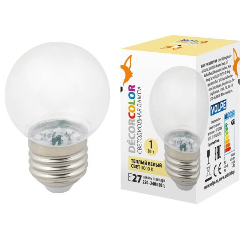 Лампа декоративная светодиодная Volpe E27 1W 3000K прозрачная LED-G45-1W/3000K/E27/CL/С UL-00005807 