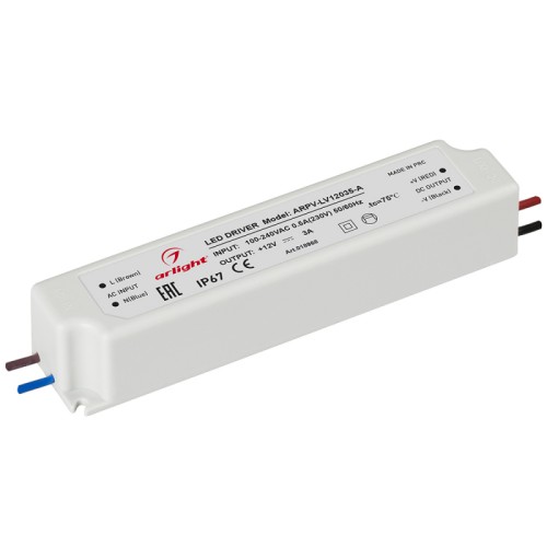 Блок питания ARPV-LV12035-A (12V, 3.0A, 36W) (Arlight, IP67 Пластик, 3 года) Источник напряжения с гальванической развязкой для светодиодных изделий. Входное напряжение 100-240 VAC. Выходные параметры: 12 В, 3 А, 36 Вт. Встроенный PFC >0,5. Герметичный пластиковый корпус IP 67. Рабочая температура -20…+50C⁰. Габаритные размеры длина 148 мм, ширина 32 мм, высота 29 мм. Гарантийный срок 3 года.
