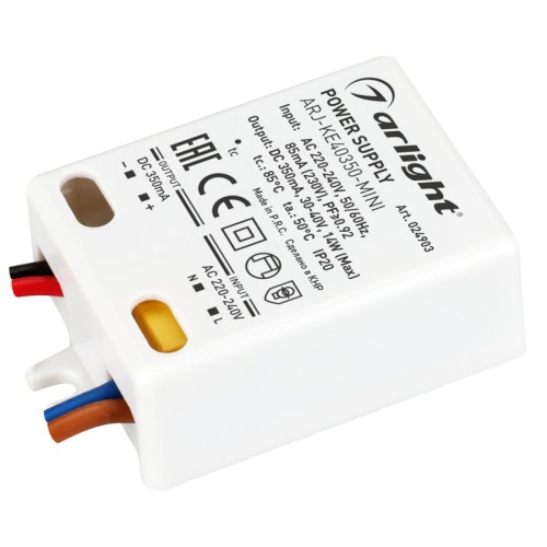Блок питания ARJ-KE40350-MINI (14W, 350mA, PFC) (Arlight, IP20 Пластик, 5 лет) Источник тока с гальванической развязкой для светильников и мощных светодиодов. Входное напряжение 220-240 VAC. Выходные параметры: 30-40 В, 350 mА, 14 Вт. Встроенный PFC >0.92. Негерметичный пластиковый корпус IP 20. Габаритные размеры длина 58 мм, ширина 39 мм, высота 20 мм. Гарантийный срок 5 лет.