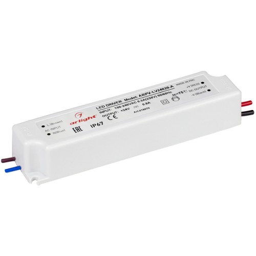 Блок питания ARPV-LV24020-A (24V, 0.8A, 20W) (Arlight, IP67 Пластик, 3 года) Источник напряжения с гальванической развязкой для светодиодных изделий. Входное напряжение 100-240 VAC. Выходные параметры: 24 В, 0,8 А, 20 Вт. Встроенный PFC >0,5. Герметичный пластиковый корпус IP 67. Рабочая температура -20…+50C⁰. Габаритные размеры длина 140 мм, ширина 32 мм, высота 25 мм. Гарантийный срок 3 года.