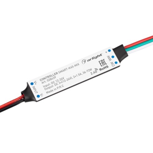 Контроллер SMART-K45-MIX (12-24V, 2x1.5A, 2.4G) (Arlight, IP20 Пластик, 5 лет) Миниатюрный контроллер для MIX(CCT) светодиодной ленты (ШИМ). Питание/рабочее напряжение 12-24VDC, максимальный ток 1.5A на канал, 2 канала, максимальная мощность 36-72W. Габариты 60x14x6 мм. Совместим с пультами и панелями SMART, поддерживающими управление по радиоканалу. !!!Актуальная схема привязки пультов в инструкции на сайте!!!