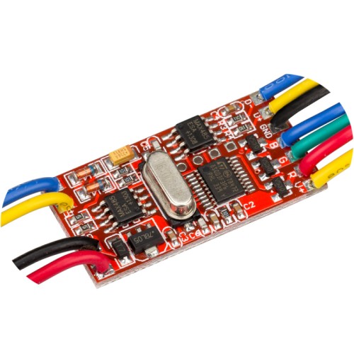 Декодер DMX RA-302mini (12-24V, 72-144W) (Arlight, Бескорпусной) RGB-декодер, имеет DMX вход и выход, без корпуса (печатная плата с контактными площадками), 3 канала. Позволяет подключать светодиодные ленты. Напряжение12-24V, ток 3x2A, размеры 36x18x6mm. Работает с редактором адресов 019580.