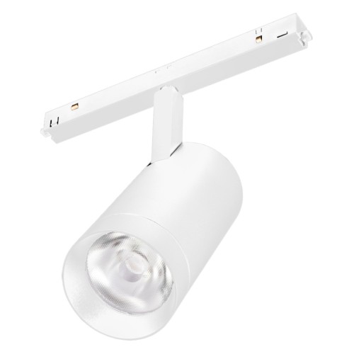 Светильник MAG-ORIENT-SPOT-R65-20W Day4000 (WH, 24 deg, 48V, DALI) (Arlight, IP20 Металл, 5 лет) Светильник для магнитных треков MAG-ORIENT шириной 26 мм с уп. Мощность 20 Вт, св. поток 2010 лм, 100 лм/Вт, дневной 4000 K, CRI>90, угол 24°, напряжение питания 48 В. Белый фигурный корпус из металл, экран поликарбонат, степень защиты IP20. Размеры LxWxH 116x66x198 мм. Длина светоизлучающего модуля 140мм. Монтаж на трек MAG-ORIENT. Пульсация 