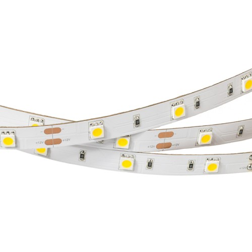 Лента RT2-5050-30-12V Warm White (150 LED) (NormaLED, 7.2 Вт/м, IP20) Гибкая лента Norm, светодиоды smd 5060, 30шт/м (150шт на 5м), белая плата 10мм, скотч для установки. Цвет ТЕПЛЫЙ 2900-3100K. Питание 12V, мощность 7.2 Вт/м (36 Вт на 5м), угол 120°, цветопередача CRI>80. Размеры 5000х10x2.2мм. Мин.отрезок 100мм, 3 шт светодиода. Пакет 5м. Цена за 1м.