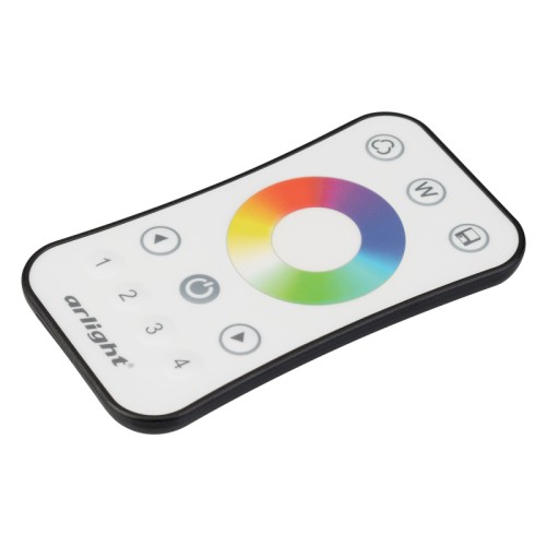 Пульт SMART-R15-RGBW (4 зоны, 2.4G) (Arlight, IP20 Пластик, 5 лет) Кнопочный радиопульт с сенсорным кольцом 2.4 ГГц белого цвета для управления RGBW источниками света. 4 зоны управления, 4 слота памяти пользовательских настроек, управление цветом с помощью сенсорного кольца. Питание 3VDC (CR2032). Габариты 107x58.5x9 мм. Управляет контроллерами и панелями серии SMART (поставляются отдельно). Настенные держатели приобретаются отдельно (см. аксессуары).