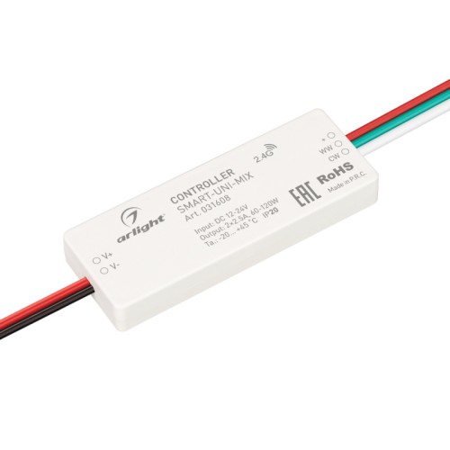 Контроллер SMART-UNI-MIX (12-24V, 2x2.5A, 2.4G) (Arlight, IP20 Пластик, 5 лет) Контроллер для мультибелой (MIX) светодиодной ленты (ШИМ). Питание/рабочее напряжение 12-24VDC, максимальный ток 2.5A на канал, 2 канала, максимальная мощность 60-120W. Корпус - PVC. Габариты 64x23.5x8.5 мм. Управляется пультами и панелями серии SMART (поставляются отдельно). !!!Актуальная схема привязки пультов в инструкции на сайте!!!