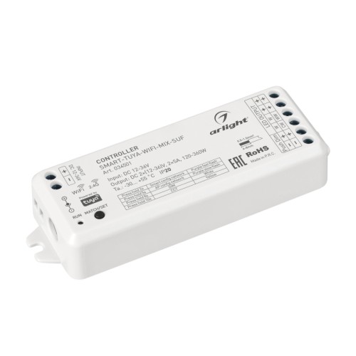 Контроллер SMART-TUYA-WIFI-MIX-SUF (12-36V, 2x5A, 2.4G) (Arlight, IP20 Пластик, 5 лет) Многофункциональный 2-канальный контроллер для одноканальных (DIM) и двухканальных (MIX) лент и модулей (ШИМ), интерфейс TUYA, поддерживается управление ЯНДЕКС АЛИСА. Питание/рабочее напряжение 12-36VDC, максимальный ток 5A на канал, 2 канала, максимальная мощность 120-360W. Винтовые клеммы. Корпус - PVC. Габариты 114x38x20 мм. Управляется пультами и панелями серии SMART (поставляются отдельно).