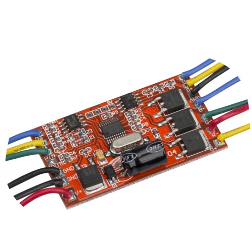 Декодер DMX RA-304mini (12-24V, 144-288W) (Arlight, Бескорпусной) RGB-декодер, имеет DMX вход и выход, без корпуса (печатная плата с контактными площадками), 3 канала. Позволяет подключать светодиодные ленты. Напряжение12-24V, ток 3x4A, размеры 54x30x10mm. Работает с редактором адресов 019580.