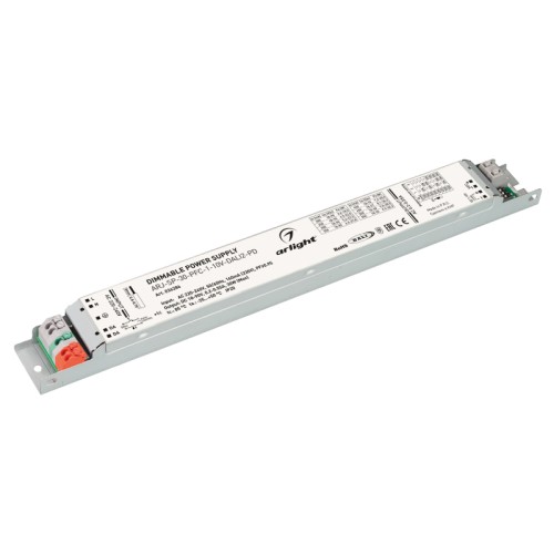 Блок питания ARJ-SP-30-PFC-1-10V-DALI2-PD (30W, 18-90V, 0.2-0.55A) (Arlight, IP20 Металл, 5 лет) Поставка под заказ от 500шт. Диммируемый источник тока по протоколу DALI 2.0 (диапазон 0-100%) и 1-10V (диапазон 2%-100%) с гальванической развязкой для светильников и мощных светодиодов. Входное напряжение 220-240 VAC. Выходные параметры: 18-90 В, 0.2-0.55A, 30 Вт. Встроенный PFC >0.9. Негерметичный пластиковый корпус IP 20. Габаритные размеры длина 284 мм, ширина 30 мм, высота 21 мм. Гарантийный срок 5 лет.