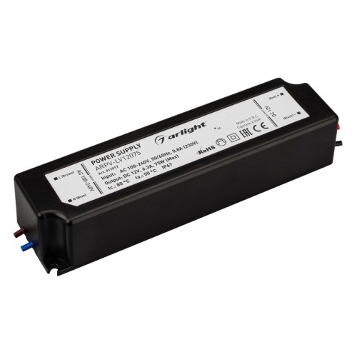 Блок питания ARPV-LV12075 (12V, 6.3A, 75W) (Arlight, IP67 Пластик, 2 года) Источник напряжения с гальванической развязкой для светодиодных изделий. Входное напряжение 100-240 VAC. Выходные параметры: 12 В, 6,3 А, 75 Вт. Встроенный PFC >0,5. Герметичный пластиковый корпус IP 67. Рабочая температура -20…+50C⁰. Габаритные размеры длина 162 мм, ширина 42 мм, высота 34 мм. Гарантийный срок 2 года.