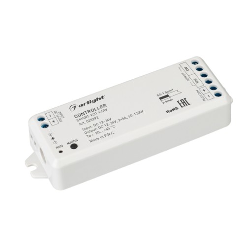 Контроллер SMART-K31-CDW (12-24V, 2x5A, 2.4G) (Arlight, IP20 Пластик, 5 лет) Контроллер для светодиодной биполярной CDW ленты (2 провода). Питание/рабочее напряжение 12-24VDC, максимальный ток 5A на канал, 2 канала, максимальная мощность 60-120W на канал. Винтовые клеммы. Корпус - PVC. Габариты 114x38x20 мм. Контроллер работает только с биполярными лентами, в том числе, лентами CDW. Управляется пультами и панелями серии SMART (поставляются отдельно).