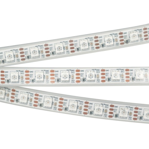 Лента SPI-5000PGS-RAM-5060-60 12V Cx1 RGB-Auto (12mm, 8W/m, IP67) (Arlight, Закрытый, IP67) Поставка под заказ от 495 м. Герметичная лента “Бегущие огни” с драйвером 2815 (битый пиксель не влияет на передачу сигнала далее по ленте), в силиконовой трубке с герметиком внутри (IP67), со СКОТЧЕМ 3M на обрат. стороне, встроенный в ленту контроллер с циклическим автозапуском 300 программ (Auto mode) и подкл-ем внеш. контроллера, питание 12 В. Длина 5м, 300шт LED RGB 5060, 60 pixel/m (1 pixel = 1 LED). Драйвер+ LED в одном кристалле, макс. мощн-ть 8 Вт/м. Герметичные круглые коннекторы.
