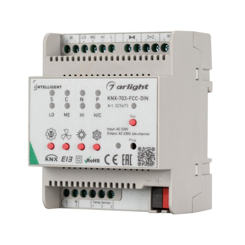 INTELLIGENT ARLIGHT Контроллер фанкойла KNX-703-FCC-DIN (230V, 3x6A) (IARL, Пластик) Фанкойл-контроллер для KNX систем. 3 канала управления (вентилятор, клапан отопления, клапан охлаждения). Установка на DIN рейку. Возможность ручного управления. Напряжение питания АC 230V .