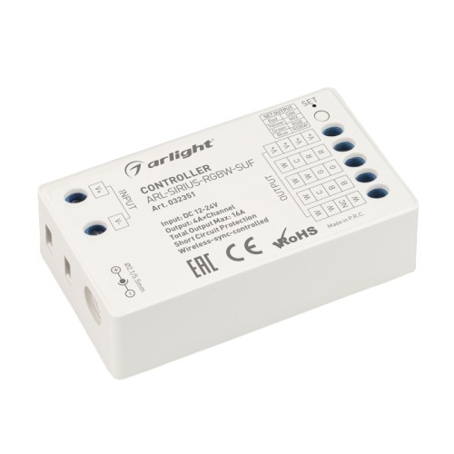 Контроллер ARL-SIRIUS-RGBW-SUF (12-24V, 4x4A, 2.4G) (Arlight, IP20 Пластик, 3 года) Контроллер для светодиодной ленты (ШИМ). 4 в 1, подходит для DIM/MIX/RGB/RGBW лент. Питание/рабочее напряжение 12-24VDC, максимальный ток 4A на канал, 4 канала, максимальная мощность 192-384W. Винтовые клеммы. Корпус - PVC. Габариты 70х40х20 мм. Список совместимых пультов в разделе "Совместимые".