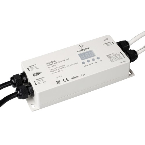 Декодер SMART-K61-DMX-WP-SUF (12-36V, 4x5A) (Arlight, IP67 Пластик, 5 лет) Влагозащищенный (IP67) декодер DMX512 для трансляции DMX512 сигнала ШИМ(PWM) устройствам. Питание DC 12-36V. 4 канала, ток нагрузки 4x5A, мощность нагрузки 240-720W. Входной сигнал DMX512, выходной сигнал ШИМ(PWM). Цифровой дисплей на корпусе, адрес устанавливается с помощью кнопок. Габариты 176x78x38 мм.