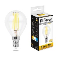  - Лампа светодиодная филаментная Feron E14 5W 2700K Шар Прозрачная LB-61 25578
