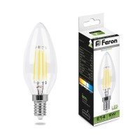  - Лампа светодиодная филаментная Feron E14 5W 4000K Свеча Прозрачная LB-58 25573