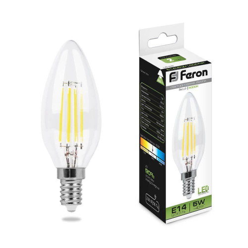 Лампа светодиодная филаментная Feron E14 5W 4000K Свеча Прозрачная LB-58 25573 