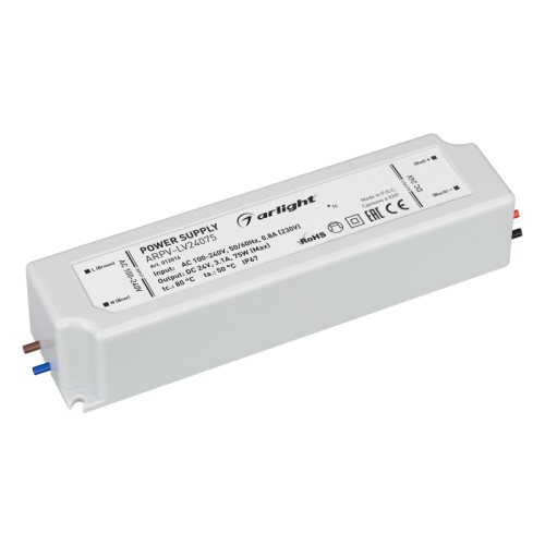 Блок питания ARPV-LV24075 (24V, 3.1A, 75W) (Arlight, IP67 Пластик, 2 года) Источник напряжения с гальванической развязкой для светодиодных изделий. Входное напряжение 100-240 VAC. Выходные параметры: 24 В, 3,1 А, 75 Вт. Встроенный PFC >0,5. Герметичный пластиковый корпус IP 67. Рабочая температура -20…+50C⁰. Габаритные размеры длина 162 мм, ширина 42 мм, высота 34 мм. Гарантийный срок 2 года.