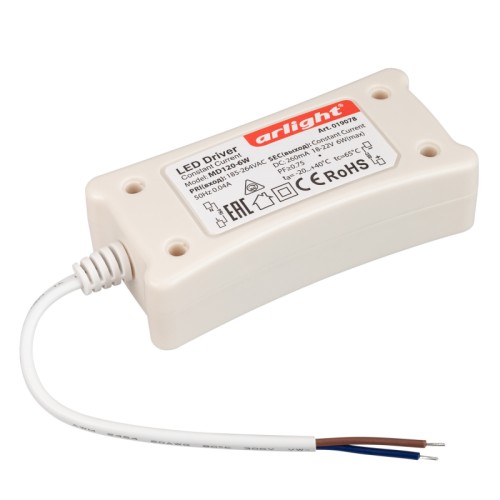 Диммируемый драйвер MD120-6W (Arlight, IP20 Пластик, 2 года) Диммируемый источник тока по стандарту TRIAC с гальванической развязкой для светильников и мощных светодиодов. Входное напряжение 200-240 VAC. Выходные параметры: 18-22 В, 260 mА, 6 Вт. Встроенный PFC >0,75. Негерметичный пластиковый корпус IP 20. Габаритные размеры длина 103 мм, ширина 43 мм, высота 25 мм. Гарантийный срок 2 года.