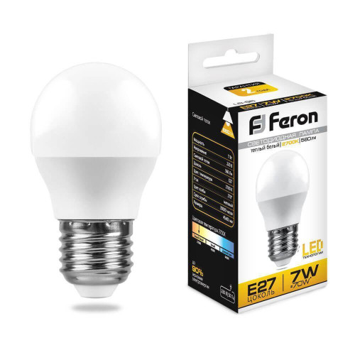 Лампа светодиодная Feron E27 7W 2700K Шар Матовая LB-95 25481 