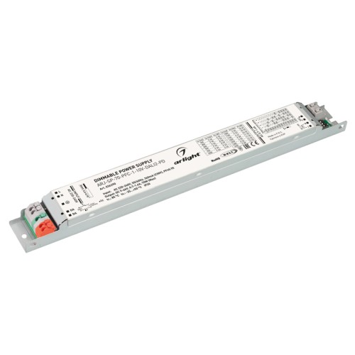 Блок питания ARJ-SP-70-PFC-1-10V-DALI2-PD (70W, 9-66V, 0.7-1.4A) (Arlight, IP20 Металл, 5 лет) Поставка под заказ от 500шт. Диммируемый источник тока по протоколу DALI 2.0 (диапазон 0-100%) и 1-10V (диапазон 2%-100%) с гальванической развязкой для светильников и мощных светодиодов. Входное напряжение 220-240 VAC. Выходные параметры: 9-66 В, 0.7-1.4A, 70 Вт. Встроенный PFC >0.95. Негерметичный пластиковый корпус IP 20. Габаритные размеры длина 284 мм, ширина 30 мм, высота 21 мм. Гарантийный срок 5 лет.