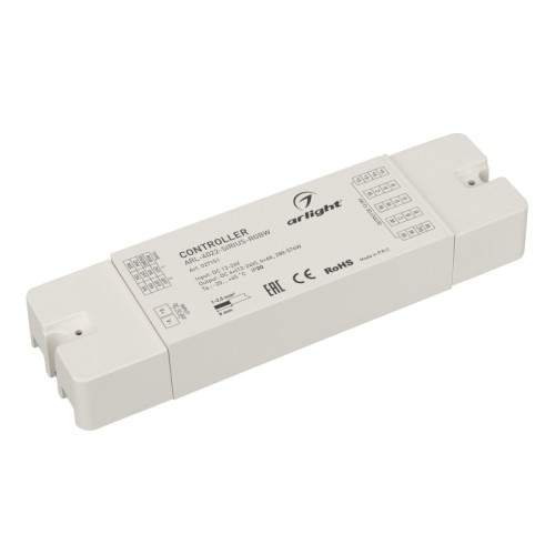 Контроллер ARL-4022-SIRIUS-RGBW (12-24V, 4x6A, 2.4G) (Arlight, IP20 Пластик, 3 года) Контроллер для светодиодной ленты (ШИМ). 4 в 1, подходит для DIM/MIX/RGB/RGBW лент. Питание/рабочее напряжение 12-24VDC, максимальный ток 6A на канал, 4 канала, максимальная мощность 288-576W. Винтовые клеммы. Корпус - PVC. Габариты 160х46х25 мм. Совместимые пульты см. в сопутствующих товарах.