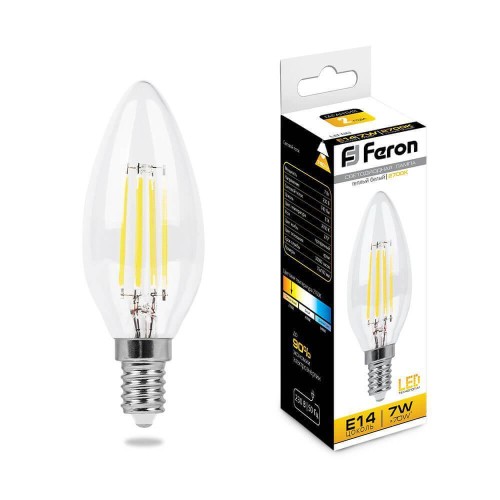 Лампа светодиодная филаментная Feron E14 7W 2700K Свеча Прозрачная LB-66 25726 