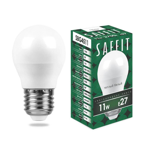 Лампа светодиодная Saffit E27 11W 2700K Шар Матовая SBG4511 55137 