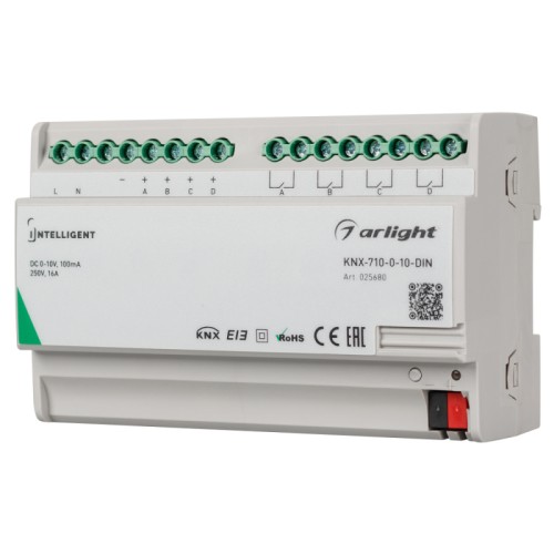 INTELLIGENT ARLIGHT Конвертер KNX-710-0-10-DIN (230V, 4x0/1-10, 4x16A) (IARL, IP20 Пластик, 2 года) Конвертер KNX-0/1-10V с выходами: 4 релейных выхода по 16А, 4 выхода 0/1-10V для управления драйверами, диммерами, клапанами и пр. Совместим как устройствами 1-10 с активным входом, а так же с устройствами 0-10 с пассивным входом. Установка на DIN-рейку. Питание 230V.