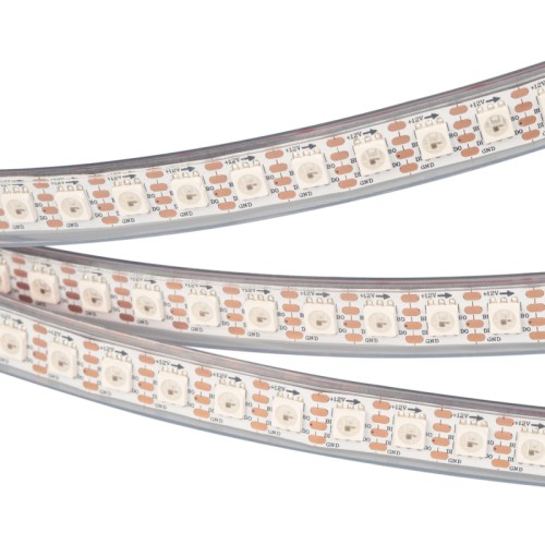 Лента SPI-5000P-RAM-5060-100 12V Cx1 RGB-Auto (12mm, 14.4W/m, IP66)) (Arlight, Закрытый, IP66) Поставка под заказ от 495 м. Герметичная лента “Бегущие огни” с драйвером 2815 (битый пиксель не влияет на передачу сигнала далее по ленте), в силиконовой трубке (IP66), со СКОТЧЕМ 3M на обрат. стороне, встроенный в ленту контроллер с циклическим автозапуском 300 программ (Auto mode) и подкл-ем внеш. контроллера, питание 12 В. Длина 5м, 500шт LED RGB 5060, 100 pixel/m (1 pixel = 1 LED). Драйвер+ LED в одном кристалле, макс. мощн-ть 14,4 Вт/м. Ширина 12 мм. Необходима подводка питания с 2 сторон ленты. Герметичные круглые коннекторы.