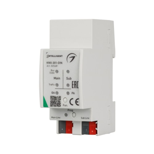 INTELLIGENT ARLIGHT Шинный соединитель KNX-301-DIN (BUS) (Arlight, IP20 Пластик, 2 года) Шинный соединитель KNX-KNX, для интеграции нескольких частей инсталляции. Встроенный фильтр телеграмм. Питание от шины, напряжение DC 20-30V. Размер 90×36×64 мм.