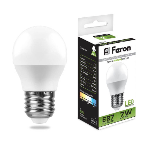 Лампа светодиодная Feron E27 7W 4000K Шар Матовая LB-95 25482 