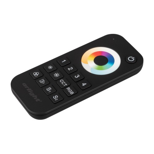 Пульт SMART-R22-MULTI Black (4 зоны, 2.4G) (Arlight, IP20 Пластик, 5 лет) Кнопочный радиопульт с сенсорным кольцом 2.4 ГГц черного цвета для управления DIM/MIX/RGB/RGBW источниками света. 4 зоны управления, 2 слота памяти пользовательских настроек, выбор цвета и типа управления с помощью сенсорного кольца. Питание 3VDC (AAA*2). Габариты 122x53x17.5 мм. Изготовлен из пластика с покрытием Soft Touch. Управляет контроллерами и панелями серии SMART (поставляются отдельно). Настенные держатели приобретаются отдельно (см. аксессуары).