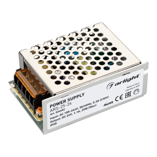 Блок питания ARS-25-24 (24V, 1.1A, 25W) (Arlight, IP20 Сетка, 2 года) Источник напряжения с гальванической развязкой для светодиодных изделий. Входное напряжение 185-264 VAC. Выходные параметры: 24 В, 1,1 А, 25 Вт. Встроенный PFC >0,5. Негерметичный алюминиевый сетчатый корпус IP 20. Габаритные размеры длина 85 мм, ширина 58 мм, высота 34 мм. Гарантийный срок 2 года.